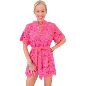 Pink Floral Eyelet Romper with Belt